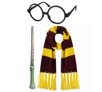The Fancy Dress Boys Girls Nerd Geek Glasses with Clear Lenses, Magic Wand, & Scarf Set - Adult Kids Retro Wizard World Book Day Costume Funny Fancy Dress Accessory