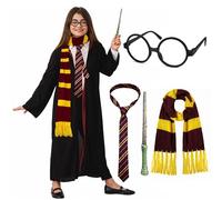 The Fancy Dress Boys Girls Nerd Geek Glasses with Clear Lenses, Magic Wand, Scarf, & Tie Set - Adult Kids Retro Wizard World Book Day Costume Funny Fancy Dress Accessory