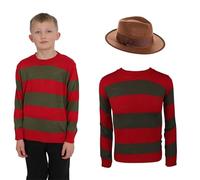 The Fancy Dress® Boys Halloween Nightmare On Elm Street Costume - Children Red Green Stripe Knitted Jumper Explore Hat & Claw Hand Gloves Fancy Dress Outfit (11-12- Years)