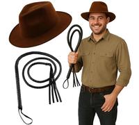 The Fancy Dress Brown Explorer Hat With Bull Whip - Indiana Jones Style Adults Fancy Dress Costumes Accessories For Jungle Adventure Safari & Themed Parties (Explorer Hat & Bull Whip Set)