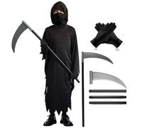 The Fancy Dress Grim Reaper Costume Kids, Halloween Hooded Cloak With Black Gloves & Scythe Prop For Girls Boys Childrens Halloween Costumes Outfit Uk Size 4-12 Years (4-6 Years)