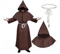 The Fancy Dress Halloween Monk Costume Medieval Hooded Cloak Renaissance Priest Robe with Waist Rope Costumes, Adult Wizard Vicar Devil Fancy Dress Outfits For Mens, Brown-Large