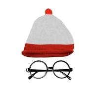 The Fancy Dress® kids Boys Girls Red White Knit Beanie Hat with Glasses - Winter Knitted Fabric Hat & Glasses For World Book Day (Red White Hat With Glasses)