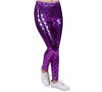 The Fancy Dress® Kids Full Length Elastic Waist Fish Scale Mermaid Disco Legging - Girls Metallic Shiny Wet Look Comfortable Stretchy Tights Dance Party Children Tights Pants (Purple, 5-6 Years)