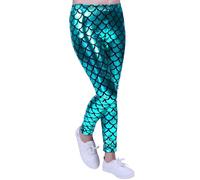 The Fancy Dress® Kids Full Length Elastic Waist Fish Scale Mermaid Disco Legging - Girls Metallic Shiny Wet Look Comfortable Stretchy Tights Dance Party Children Tights Pants (Turquoise, 9-10 Years)