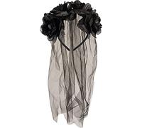 The Fancy Dress® Long Black Veil with Black Flowers Halloween Hairband Gothic Bride Veil Day of the Dead Party Accessories Fancy Dress Hair Accessory for Adults