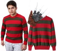 The Fancy Dress Mens Halloween Freddy Costume, Red/Green Jumper With Glove Claw Unisex Halloween Nightmare Fancy Dress Costume On Elm Street Outfit (S)