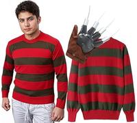 The Fancy Dress Men's Halloween Nightmare On Elm Street Costume Red Green Stripe Knitted Jumper, Claw Gloves Fancy Dress Outfit (Small)