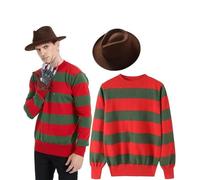 The Fancy Dress® Men's Halloween Nightmare On Elm Street Costume Red Green Stripe Knitted Jumper Explore Hat Claw Gloves Fancy Dress Outfit (X-Large)