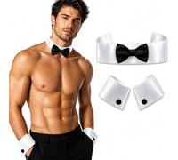 The Fancy Dress Stripper Set for Men - 3 Pcs White Collar with Bow Tie and 2 Cuffs, Standard Size, Ideal for Costume Parties and Themed Even