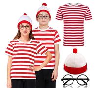 The Fancy Dress® Unisex Kids Boys Girls Red White Stripe T-Shirt Hat Glasses Set | Childrens 3 Pcs Book Week Fancy Dress Costume Outfit, 11-12 Years