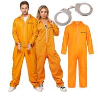 The Fancy Dress Unisex Mens Prisoners Convict Costume With Hand Cuffs - Adults Womens orange prison Overall jumpsuit Halloween Costumes UK, Jumpsuit+Cuffs, S