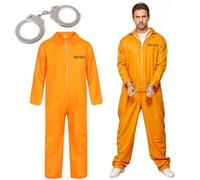 The Fancy Dress Unisex Mens Prisoners Convict Costume With Hand Cuffs - Adults Womens orange prison Overall jumpsuit Halloween Costumes UK, Jumpsuit+Cuffs, L