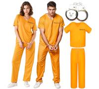 The Fancy Dress Unisex Mens Prisoners Convict Costume With Hand Cuffs - Adults Womens orange prison Overall jumpsuit Halloween Costumes UK, Set+Cuffs, M