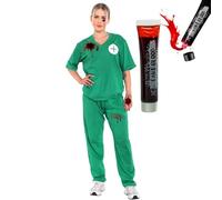 The Fancy Dress Unisex Womens Surgeon Costume With Fake Blood Tube - Doctor's Scrubs Fancy Dress Costume Halloween Outfit For Men's Women's One Size