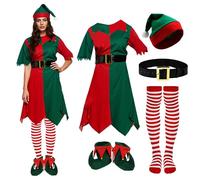 The Fancy Dress Womens Elf Costume, Christmas Ladies Funny Red & Green Tunic + Matching Hat With Bobble Fancy Dress Outfits, Xmas Cheeky Elf Santa's Little Helper Elves For Adults - One Size