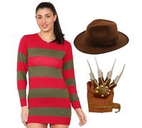 The Fancy Dress Womens Freddy Red & Green Striped Jumper Explorer Hat & A Glove Claw - A Nightmare On Elm Street Ladies Halloween Costumes UK Size S-2XL