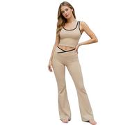 The Fancy Dress Womens Tracksuit Co ord Set - Ladies Crop Top and Flared Bottom Activewear Lounge Sets 2 Pcs Outfit for Gym & Daily Wear, Beige, SM