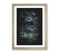 The Feathers Of A Peacock Paint Splash Modern Framed Wall Art Print, Ready to Hang Picture for Living Room Bedroom Home Office Décor, Oak A3 (34 x 46 cm)