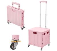 The Fellie 45L Foldable Shopping Trolley with 4 Rotate Wheels, Storage Boot Cart with Adjustable Telescopic Aluminium Handle, Portable Crate Handcart with Lid Grocery Trolley for Camping(30KG,Pink)