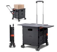 The Fellie 55L & 40KG Trolley Box Cart with 4 Rotate Wheels, Folding Shopping Cart Trolley with Extended Lid, Boot Cart with Flat Pull Labour-saving Handle for Shopping Camping Laundry(Black)