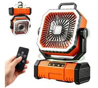 The Fellie Camping Fan with Light, 20000mAh Battery Powered, Rechargeable Outdoor Fan with Remote Control&Hanging Hook, 4 Speeds Desk/Tent/USB Fan for Traveling Office Fishing Hurricane Picnic, Orange