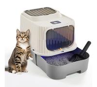 The Fellie Cat Litter Tray with UV Sterilization, Large Cat Litter Box with Lid, Kitten Litter Tray Top Entry&Front Door, Slide-Out Drawer&Scoop, Easy Clean, Odor Control, Grey