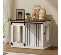 The Fellie Dog Crate Furniture White & Brown,Wooden Dog Cage Indoor, Medium Pet Kennel with Sliding Door, Wood Dog Cabinet for Small/Medium Dog, Pet Furniture House End Side Table, 95x59x71cm