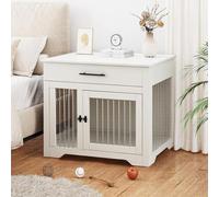 The Fellie Dog Crate Furniture, Wooden Pet Kennel with Drawer Storage, Lockable Indoor Dog Crate, Medium Dog House Furniture 2 Doors, Wood Animal Crates Table for Small Dogs, 80 * 58 * 75CM, White