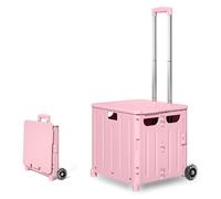 The Fellie Foldable Shopping Trolley with Lid, 45L Boot Cart with Wheels and Adjustable Telescopic Aluminium Handle, Portable Collapsible Utility Trolley Box for Shopping, Storage, Travel(30KG, Pink)