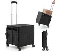 The Fellie Folding Shopping Cart Trolley with One-piece Lid, 50L & 50KG Boot Cart on 4 Wheels, Collapsible Trolley Box Cart with Telescopic Handle for Shopping Camping Picnic Office Laundry(Black)