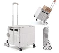 The Fellie Folding Shopping Cart Trolley with Stair Climbing Wheels, 50L & 50KG Collapsible Trolley Box Cart with Aluminium Telescopic Handle, Boot Cart with One-piece Lid for Shopping(White Grey)