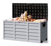 The Fellie Garden Storage Box with Wheels, 290L Lockable Garden Storage Boxes Waterproof, Plastic Outside Storage Box for Gardening Tools, Cushions, Toys, 112x49x54cm, Dark Grey