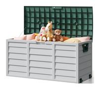 The Fellie Garden Storage Box with Wheels, 290L Lockable Garden Storage Boxes Waterproof, Plastic Outside Storage Box for Gardening Tools, Cushions, Toys, 112x49x54cm, Dark Green+Grey