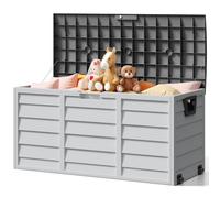 The Fellie Garden Storage Box with Wheels, 290L Lockable Garden Storage Boxes Waterproof, Plastic Outside Storage Box for Gardening Tools, Cushions, Toys, 112x49x54cm, Light Grey