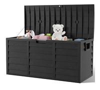 The Fellie Garden Storage Box with Wheels, 290L Lockable Outdoor Storage Box Waterproof, Plastic Garden Storage Box for Garden Tools, Cushions, Toys, 112x49x54cm, Black