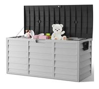 The Fellie Garden Storage Box with Wheels, 290L Lockable Outdoor Storage Box Waterproof, Plastic Garden Storage Box for Garden Tools, Cushions, Toys, 112x49x54cm, Light Grey