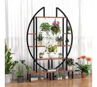 The Fellie Modern Plant Stand Indoor,2 Pcs Half-Moon Plant Display Stand, Floor-Standing Tiered Flower Stand, Black Frame+Antique Wooden Color Board plant pot stand(146*60*9.5cm)