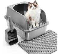 The Fellie Stainless Steel Cat Litter Box, Kitten Litter Tray with Scoop & Mat, Large Cat Litter Tray for Big Cats, Non-Sticky, Anti-Leakage, XL Metal Litter Pan Tray, Easy Clean & Odor Control, Grey