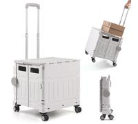 The Fellie Trolley Box Cart with One-piece Lid, 75L & 50KG Capacity Folding Shopping Cart Trolley, Boot Cart with 4 Wheels & Telescopic Handle for Shopping Camping Picnic Office Laundry(White Grey)