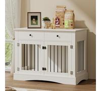 The Fellie Wooden Dog Crates with 2 Large Drawer Storage, Indoor Wooden Pet Kennel with Double Door, Large Dogs Crate Furniture for Dogs, Lockable Decorative Pet House, End Table, 113x60x87.5cm, White