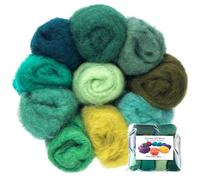 The Felt Box Needle Felting Wool - 10 Green Shades Pack (100g Total) - Carded Batting with Coarse Short Fibres - Ideal for Nature Scenes, Animals, Forest Crafts & Sculpting