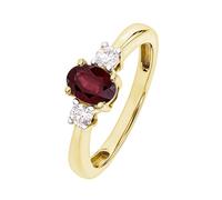 The Fine Collective 9ct Yellow Gold 6x4 Oval Treated Ruby and 0.10ct Diamond Three Stone Ring - N