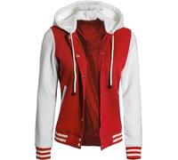 The Finns Shop Womens Letterman Blue/Red/Black and White Varsity Jacket With Hood- Baseball Style (UK, Alpha, L, Regular, Regular, Red)