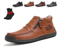 The First Young Shoes Men,Handmade Premium Leather Slip-On Driving Boots,Wide Toe for Casual,Travel & Outdoor(Light Brown Fleece,9 UK)