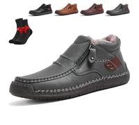 The First Young Shoes Men,Handmade Premium Leather Slip-On Driving Boots,Wide Toe for Casual,Travel & Outdoor(Grey Fleece,9 UK)