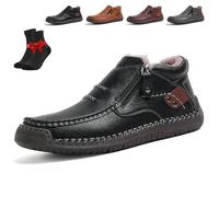 The First Young Shoes Men,Handmade Premium Leather Slip-On Driving Boots,Wide Toe for Casual,Travel & Outdoor(Black Fleece,5.5 UK)