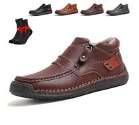 The First Young Shoes Men,Handmade Premium Leather Slip-On Driving Boots,Wide Toe for Casual,Travel & Outdoor(Dark Brown Fleece,8.5 UK)