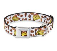 The Flintstones Pet Collar, Dog Collar Metal Seatbelt Buckle, Cocoa Pebbles Logo and Cereal Pebbles Scattered White Browns, 16 to 23 Inches 1.5 Inch Wide