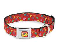The Flintstones Pet Collar, Dog Collar Metal Seatbelt Buckle, Fruity Pebbles Cereal Pebbles Scattered Red Multi Color, 13 to 17 Inches 1.5 Inch Wide